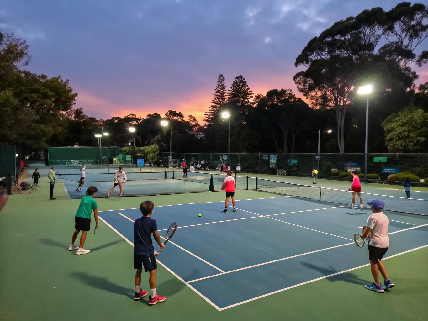 An image depicting a community tennis event, showcasing diverse participants of all ages and abilities engaging in friendly matches and activities, emphasizing inclusivity and community spirit.