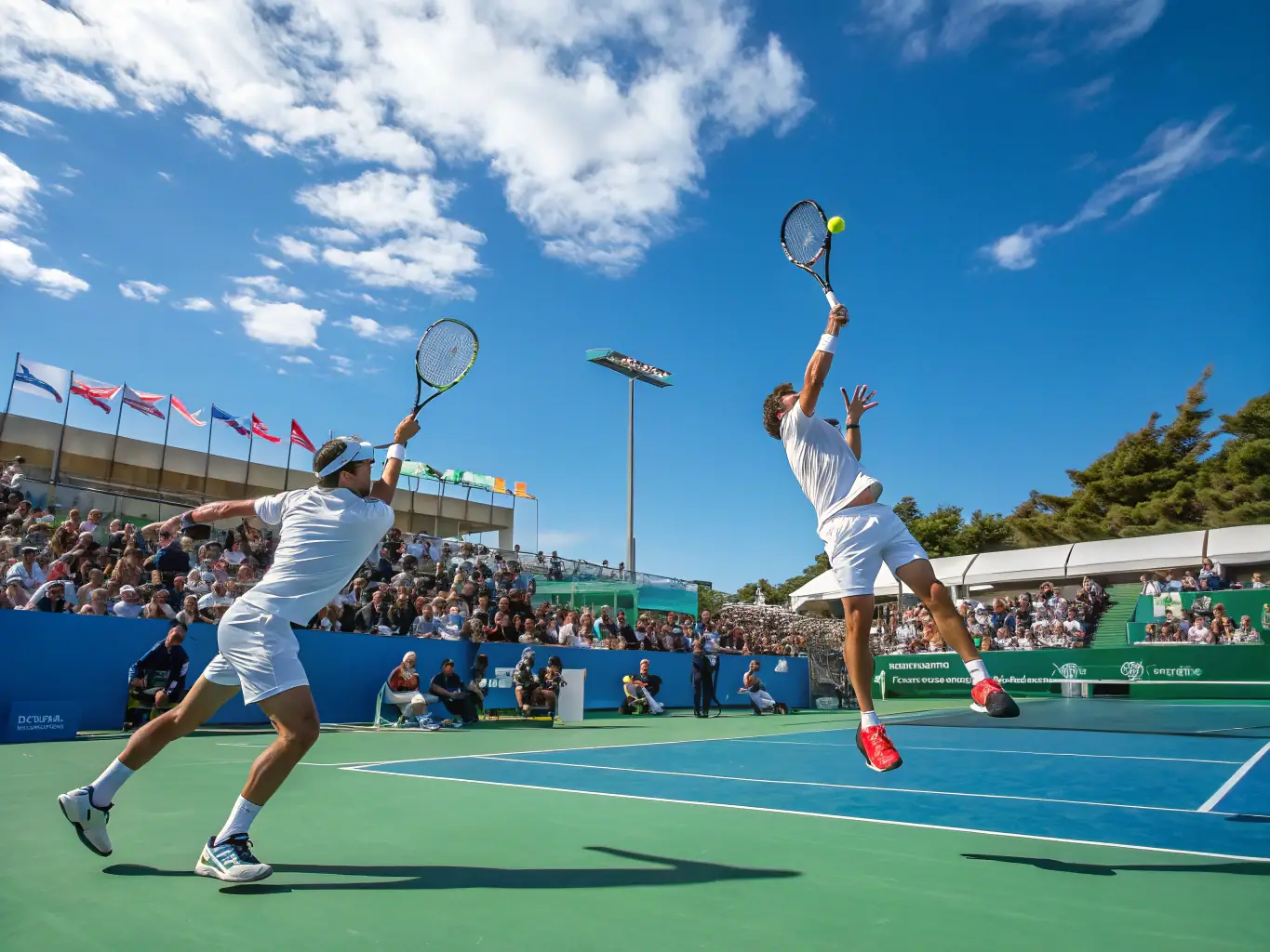 A professional-looking image of a tennis tournament, highlighting competitive play and sportsmanship, with officials ensuring fair play and adherence to national federation standards.