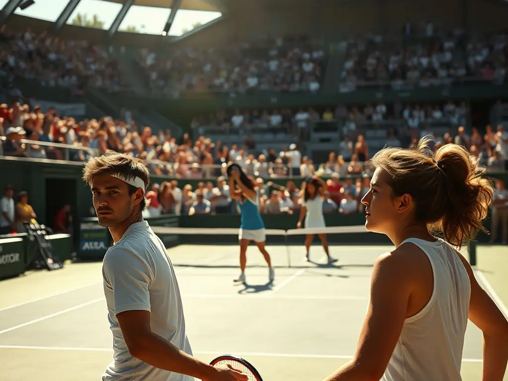 A photograph of a regional tennis tournament organized by Ligue Grand Est de Tennis, showcasing players of different ages and skill levels competing enthusiastically.