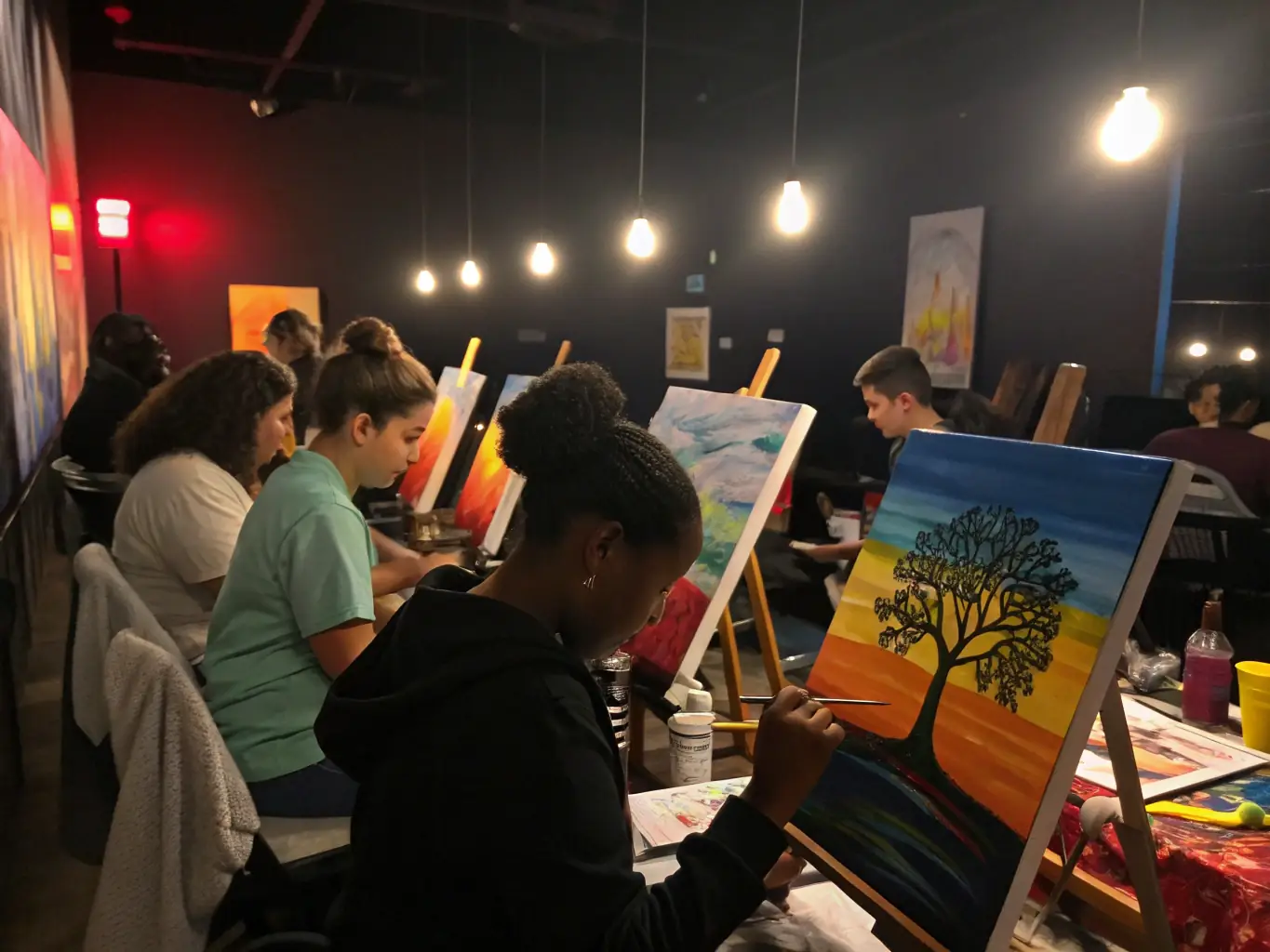 A photograph capturing a group of students participating in an art workshop, learning about Eugène Carrière's painting techniques, with easels and art supplies scattered around the room, and a teacher guiding them.