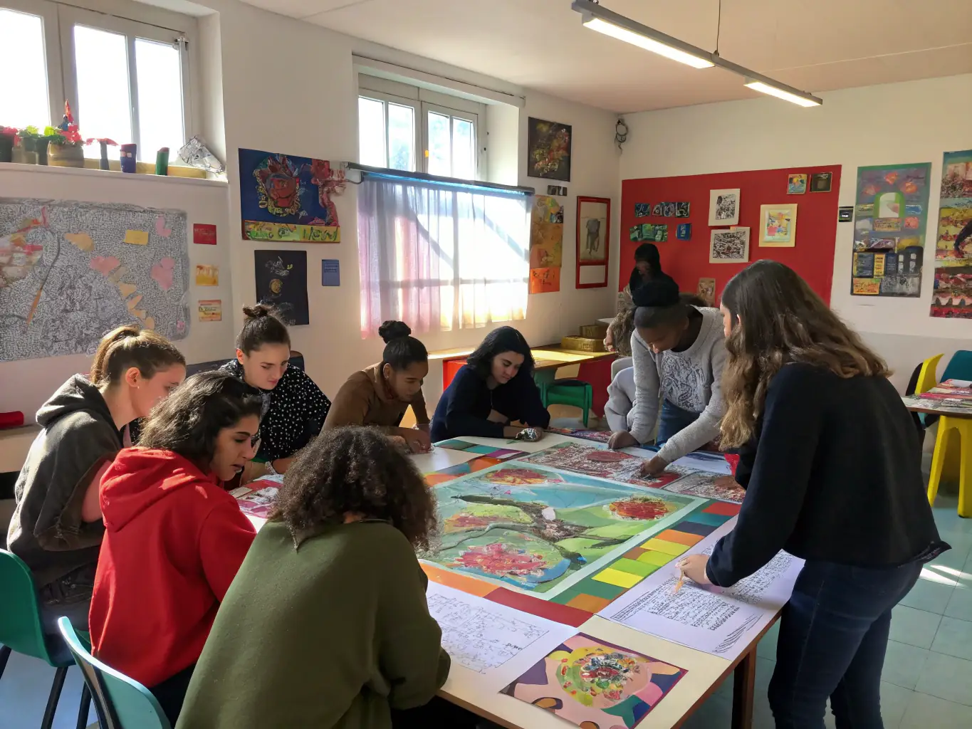 Participants actively engaged in a hands-on art workshop, learning about Eugène Carrière's painting techniques and experimenting with similar styles.