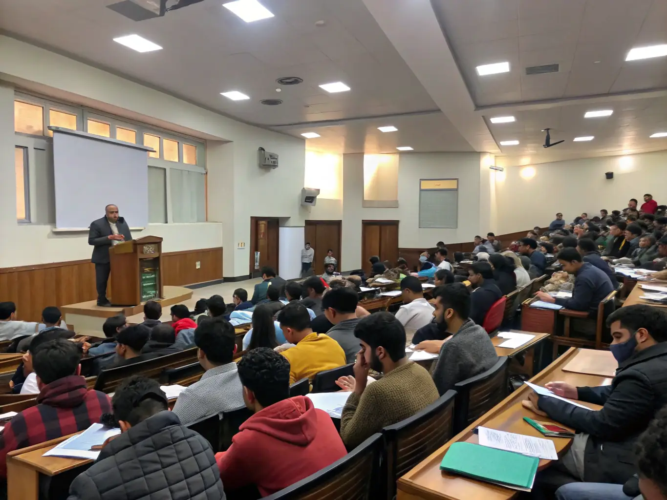 A photograph of a lecture in progress, with a speaker presenting on Eugène Carrière's life and work, and an audience attentively listening and taking notes.