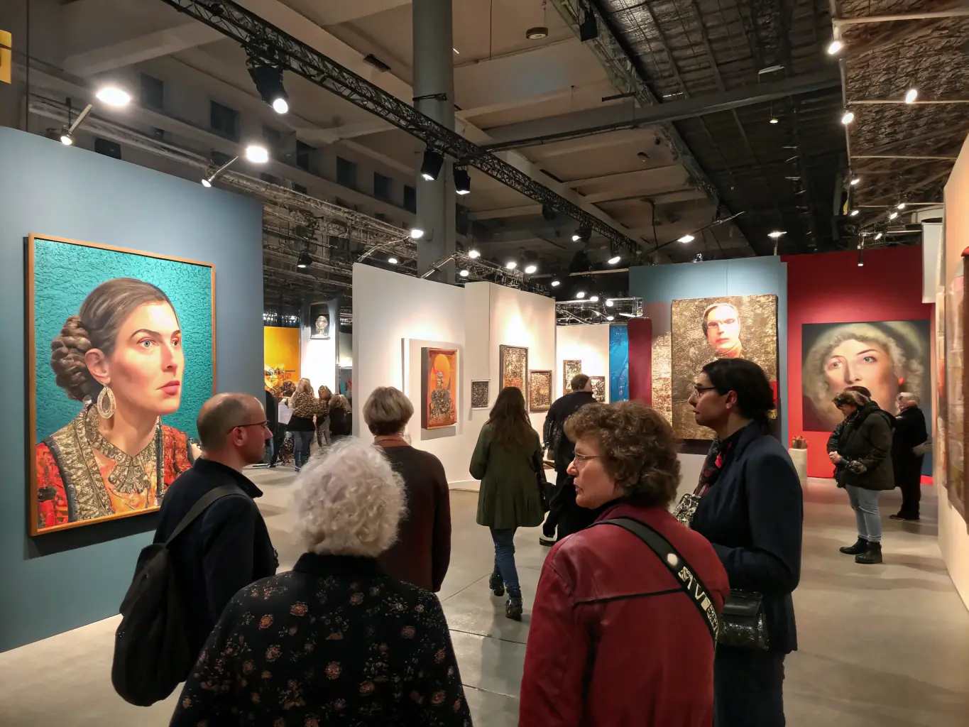 A photograph depicting a cultural event hosted by the SOCIETE DES AMIS D'EUGENE CARRIERE, showcasing an exhibition of Eugène Carrière's artwork, with attendees admiring the paintings and engaging in conversations.