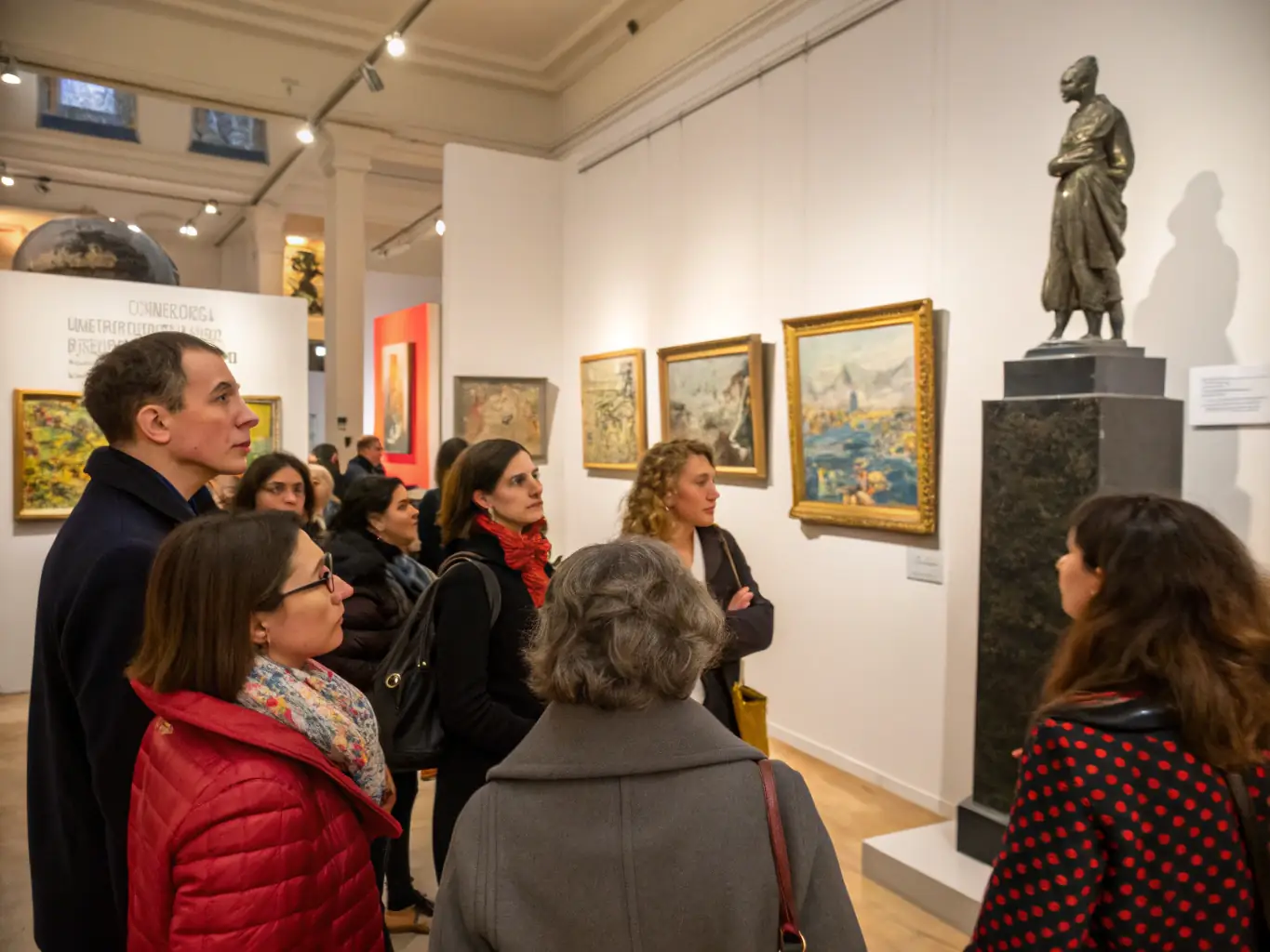 A group of students attentively listening to a museum guide during a tour of an Eugène Carrière exhibition, focusing on the artist's techniques and historical context.