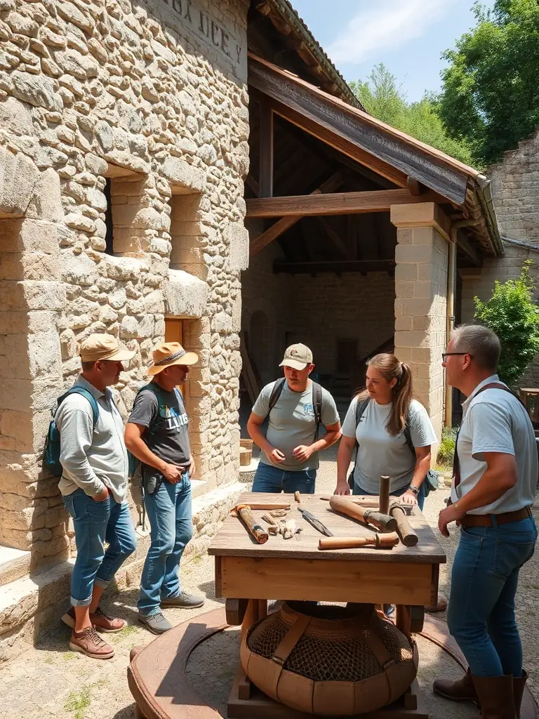A captivating photo of a historical building in Créon, with LABEL NATURE members conducting a preservation workshop, teaching traditional building techniques.