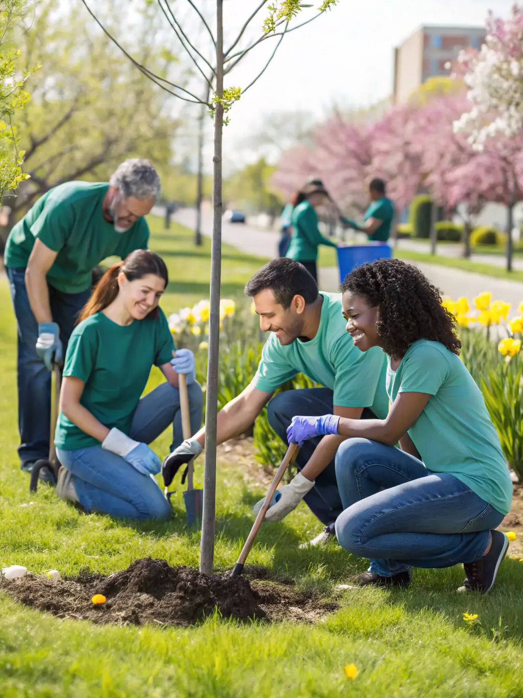 A photograph capturing volunteers planting trees in a local park, emphasizing LABEL NATURE's commitment to environmental conservation.