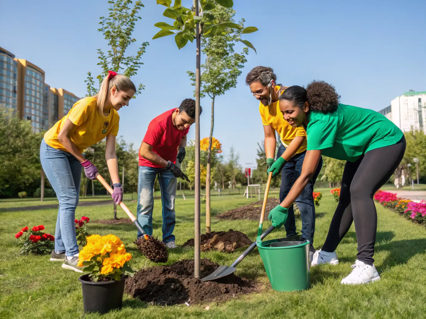A community gathering with people planting trees in a local park, promoting environmental stewardship.