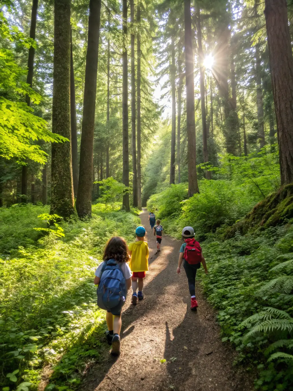 A vibrant photograph showcasing a group of children participating in a nature walk, led by a LABEL NATURE educator, in a local forest. The children are engaged and curious, observing plants and insects.
