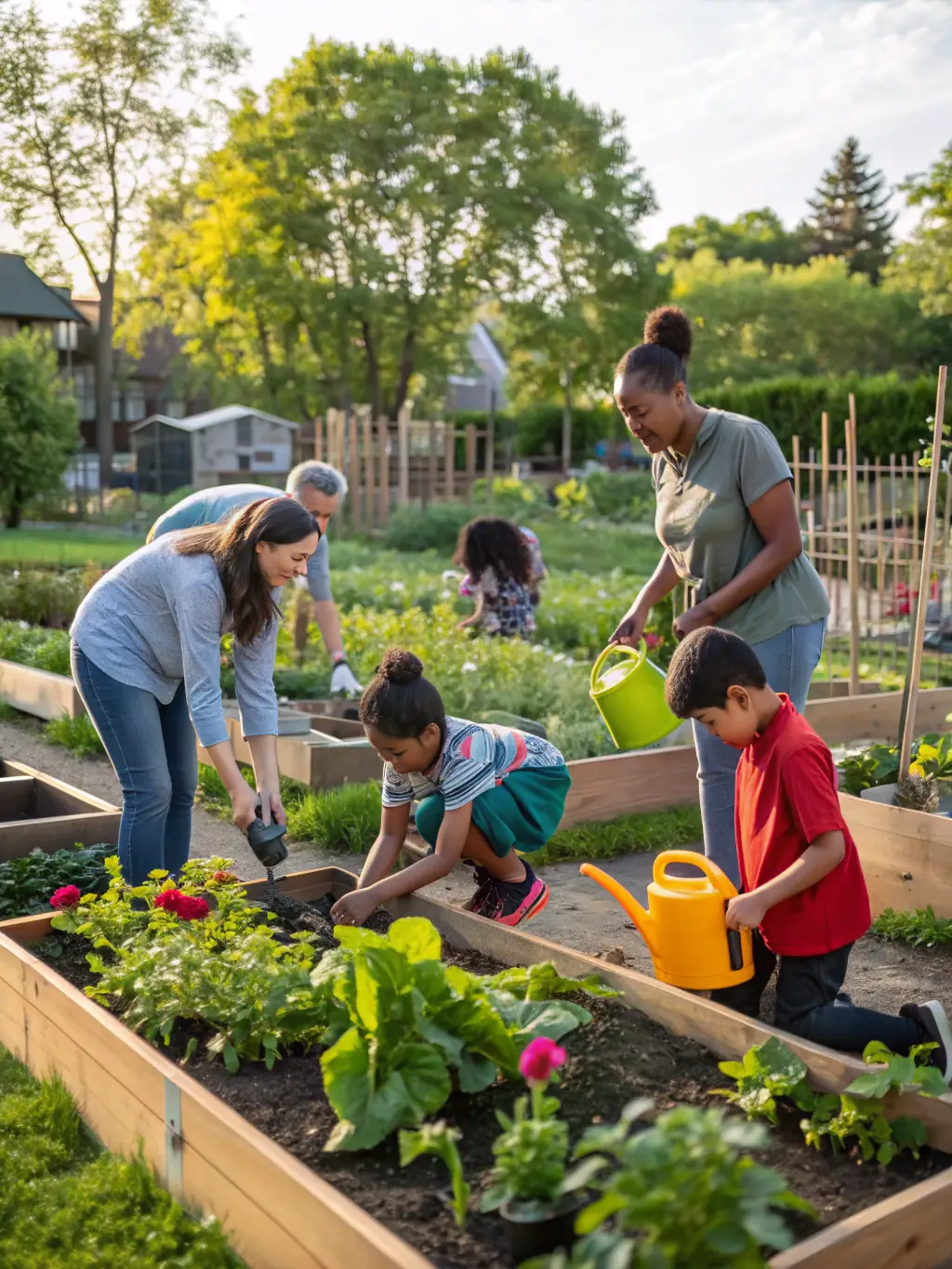 An inspiring image of community members participating in a workshop on sustainable gardening practices, learning how to grow their own food while minimizing environmental impact.