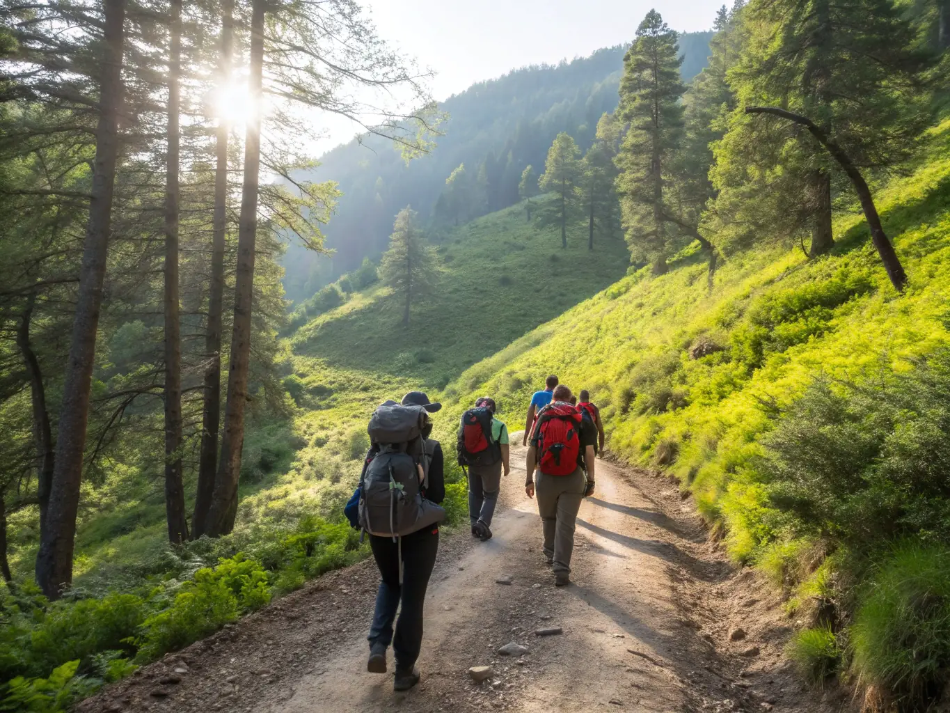 A group of people participating in a guided nature walk through a forest, with sunlight filtering through the trees.