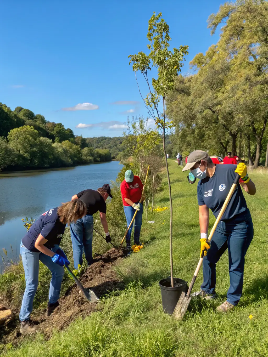 A picturesque image of volunteers planting native trees along a riverbank, contributing to habitat restoration and erosion control in the Haux region.